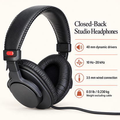 Wired Over-Ear Studio Headphones, 40 mm Drivers, Fixed Coiled Cable, Black