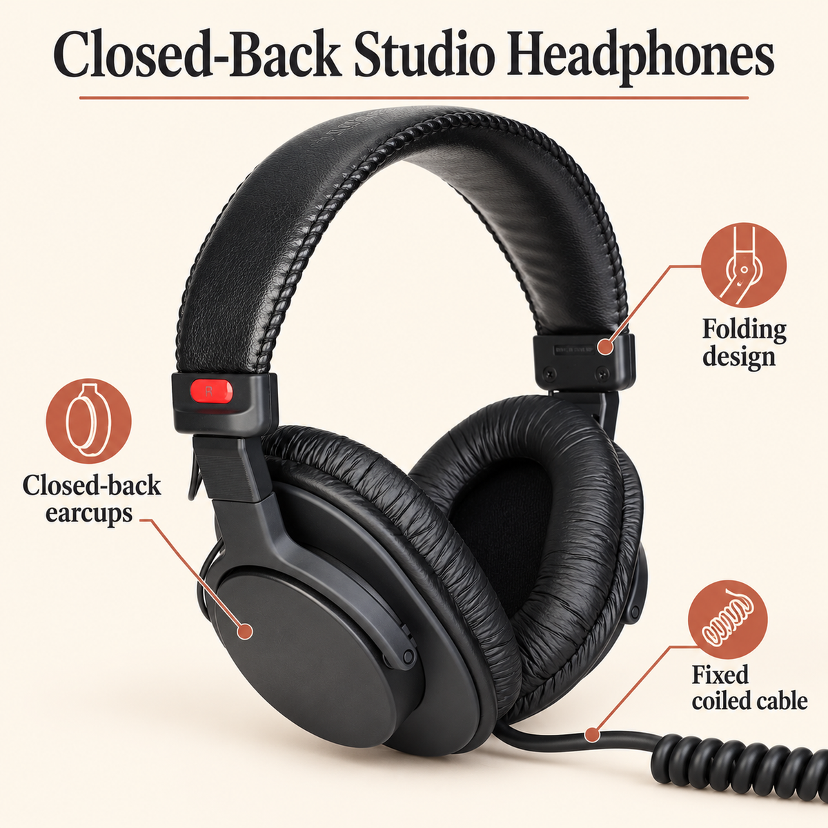 Wired Over-Ear Studio Headphones, 40 mm Drivers, Fixed Coiled Cable, Black