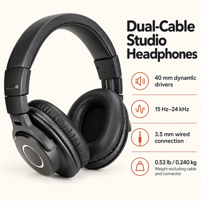 Wired Studio Headphones, 40 mm Drivers, Two Detachable Cables, Black