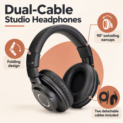 Wired Studio Headphones, 40 mm Drivers, Two Detachable Cables, Black