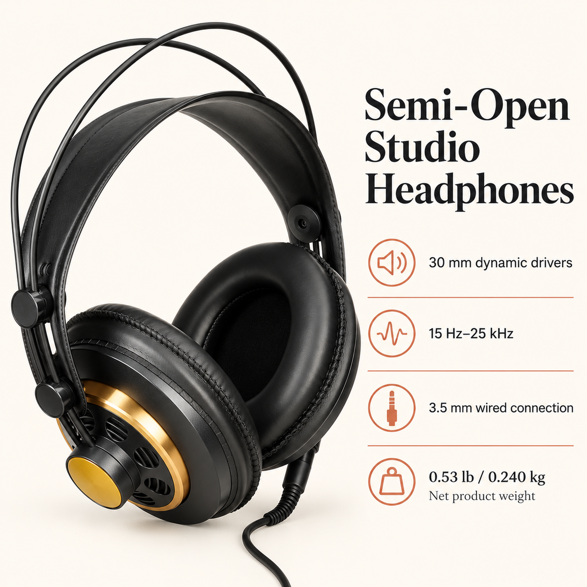 Semi-Open Over-Ear Studio Headphones, 30 mm Drivers, Black and Gold