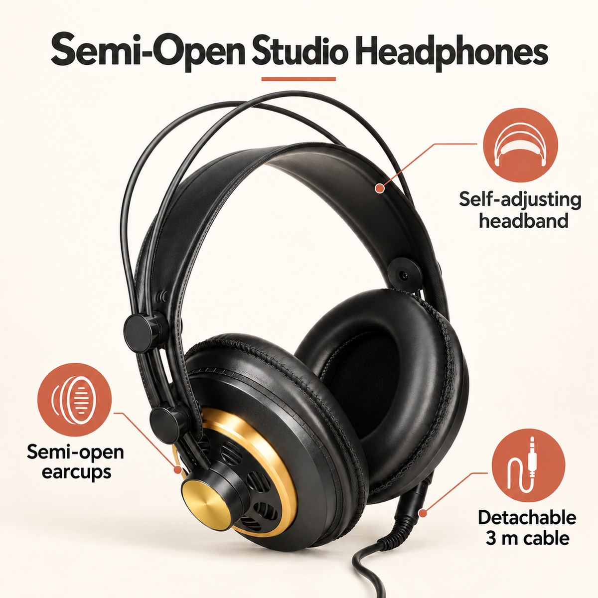 Semi-Open Over-Ear Studio Headphones, 30 mm Drivers, Black and Gold