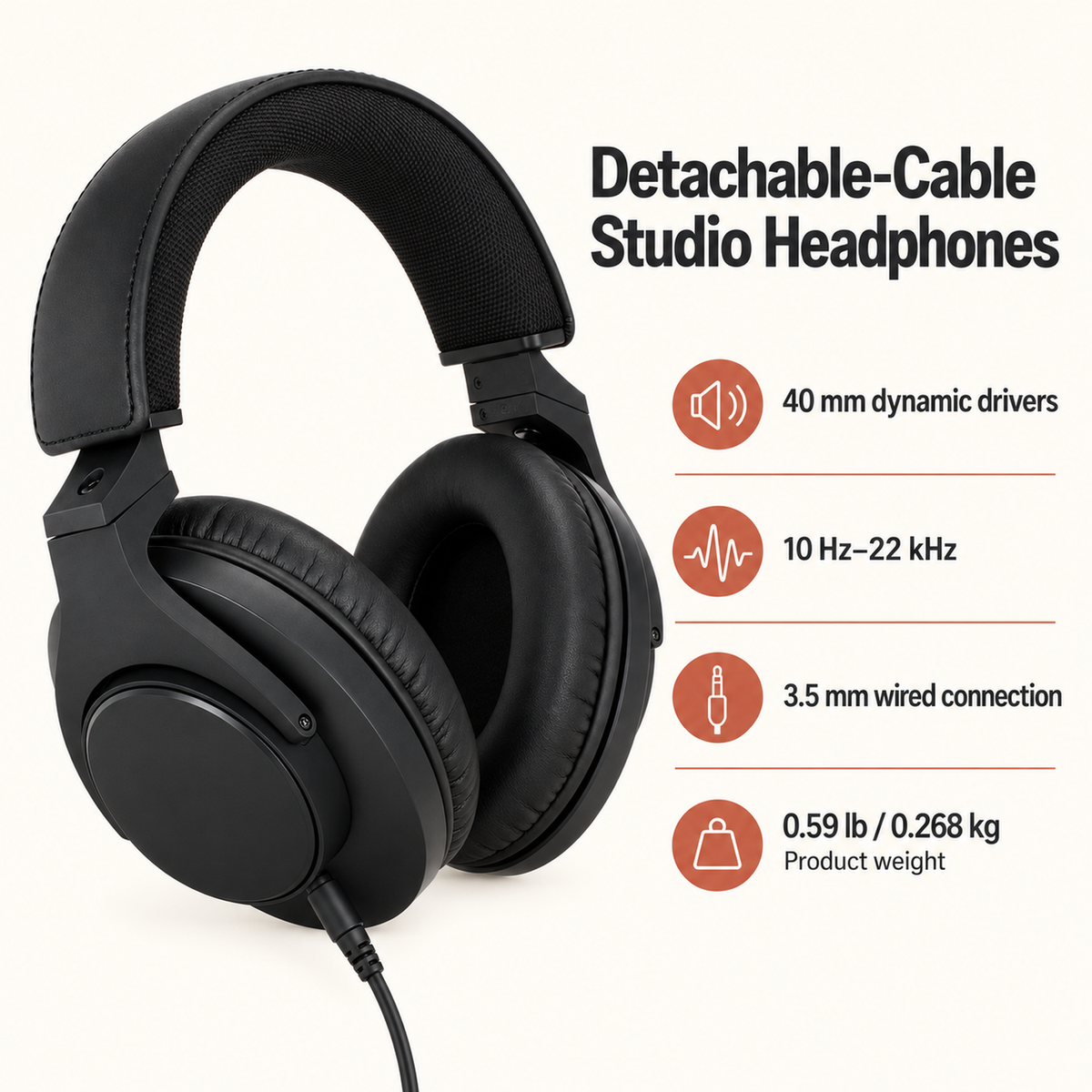 Closed-Back Studio Headphones, 40 mm Drivers, Detachable 3 m Cable, Black