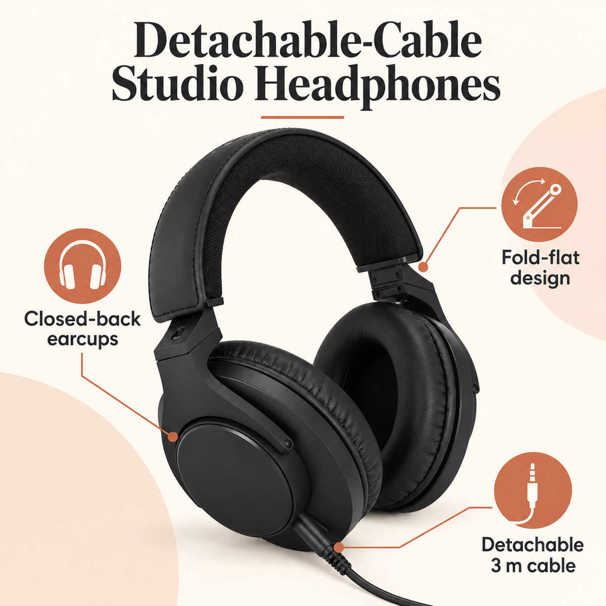 Closed-Back Studio Headphones, 40 mm Drivers, Detachable 3 m Cable, Black
